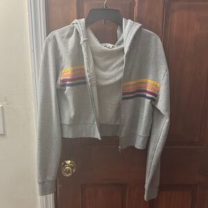 Gray Cropped Hoodie with Striped Accents